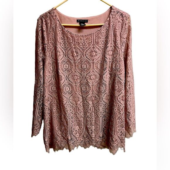 Adrianna Papell Plus Size Blush Pink Lacy Doily Long-Sleeve Blouse SZ XXL - Picture 1 of 4